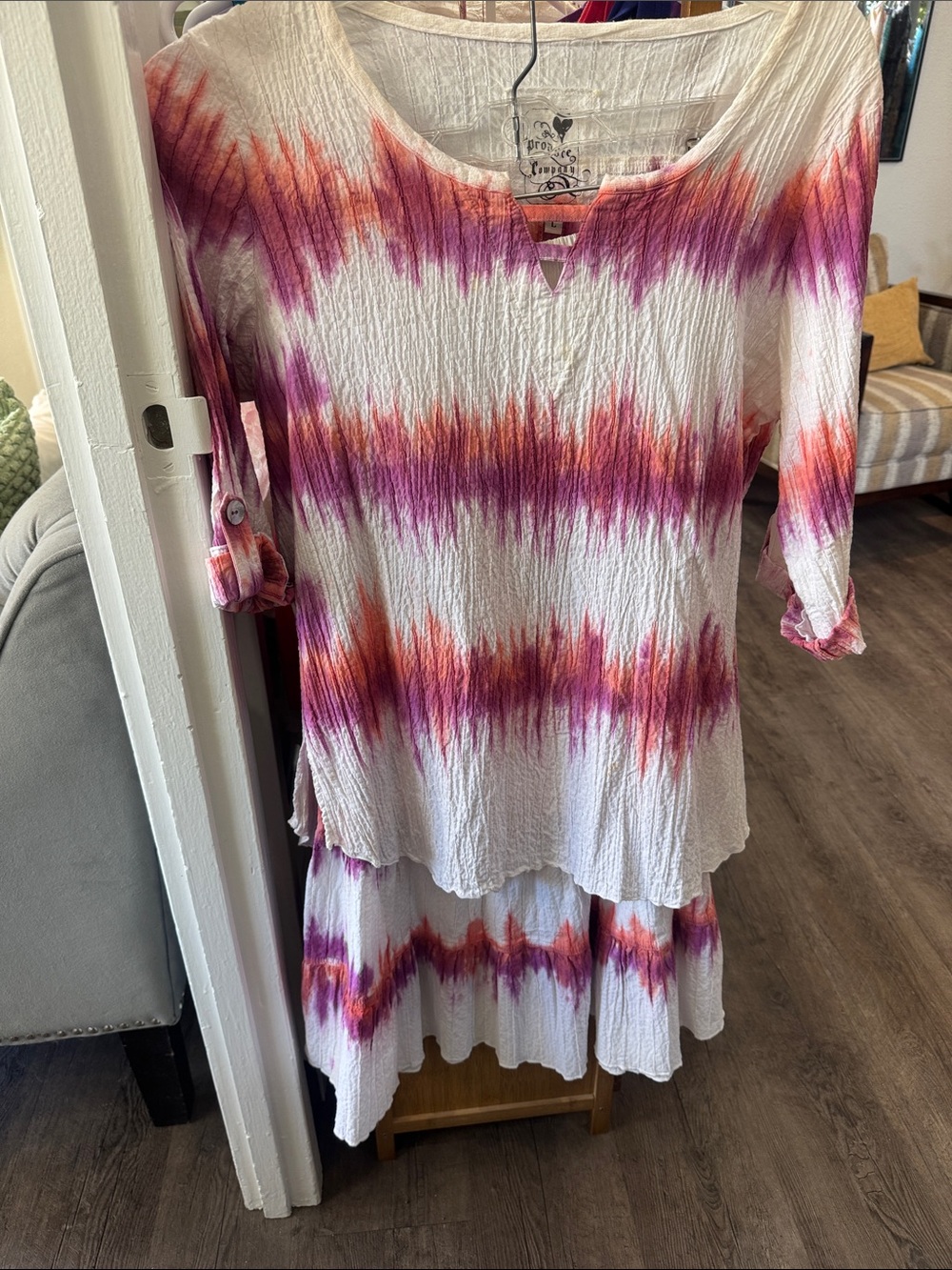 White Tie-Dye Crinkle Tunic Top and Skirt with Pink & Orange Accents